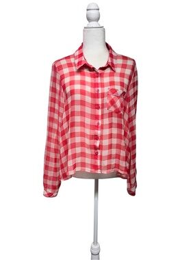 Free People Red & White Gingham Sheer Button Down Blouse Women's Size Med  Boho